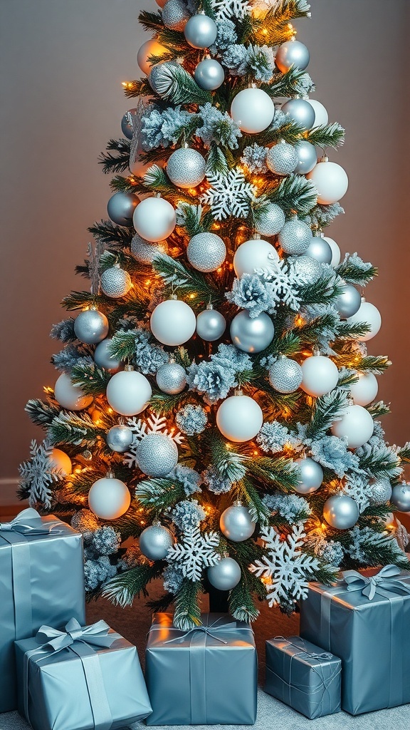 Festive Christmas Tree Themes A winter wonderland themed Christmas tree with white and silver decorations, surrounded by elegantly wrapped gifts.